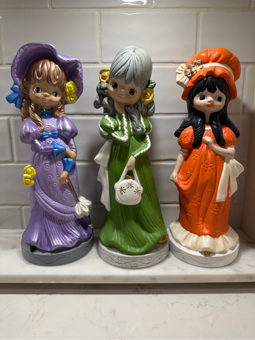 MCM 1970s Big Eye Girl Ceramic Figurines Set of 3 Hand Painted Retro Kitsch